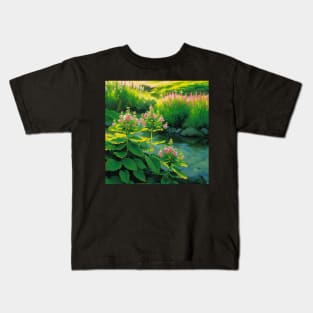 Riverside pink flowers in an alpiune tundra Kids T-Shirt